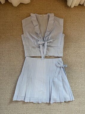 Sandro Pale Blue & White Striped Ruffle Tie Crop Top and Pleated Mini Skirt